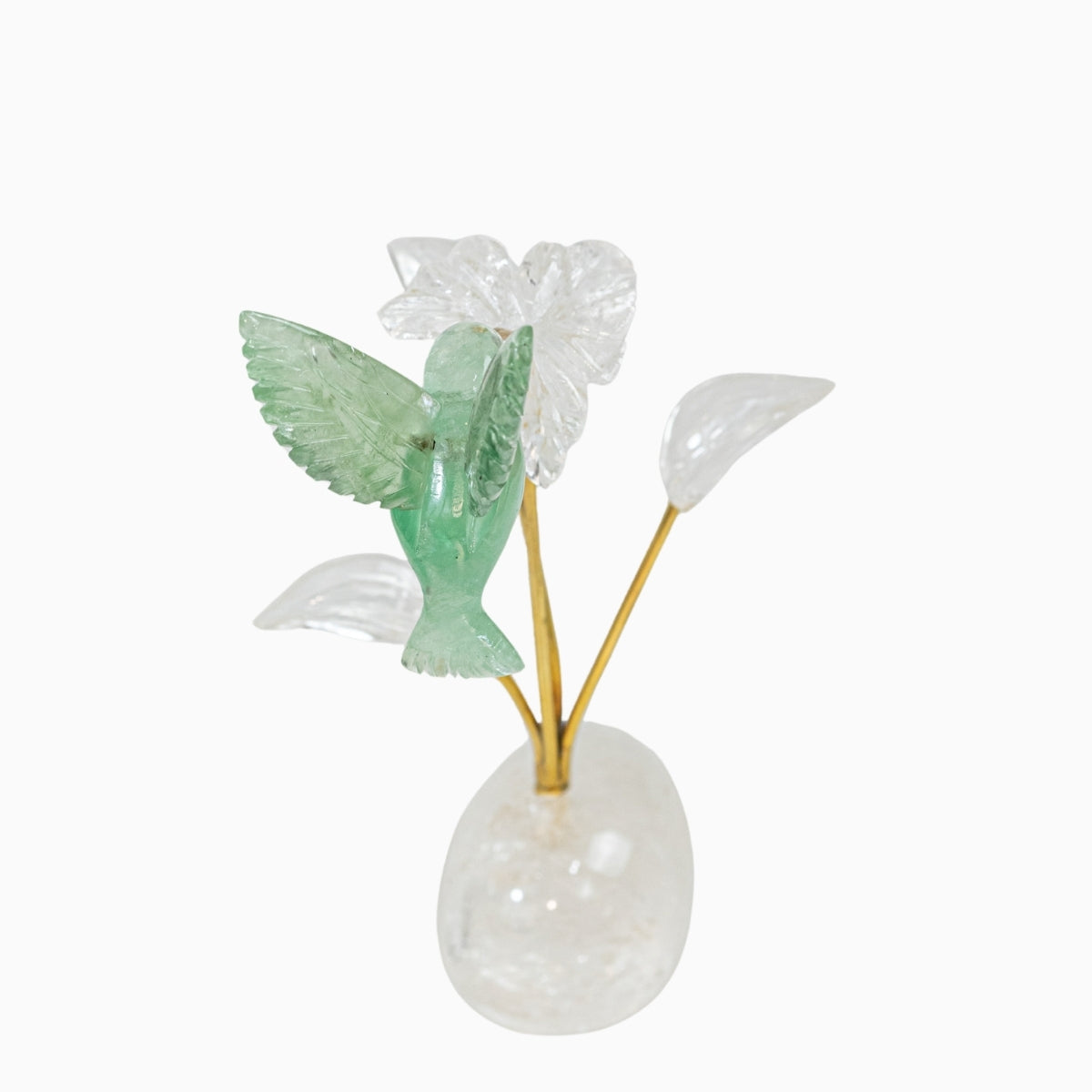 Escultura Beija-flor em Fluorita Verde Flor Lisiantos em Quartzo Cristal Base Cristal de Quartzo