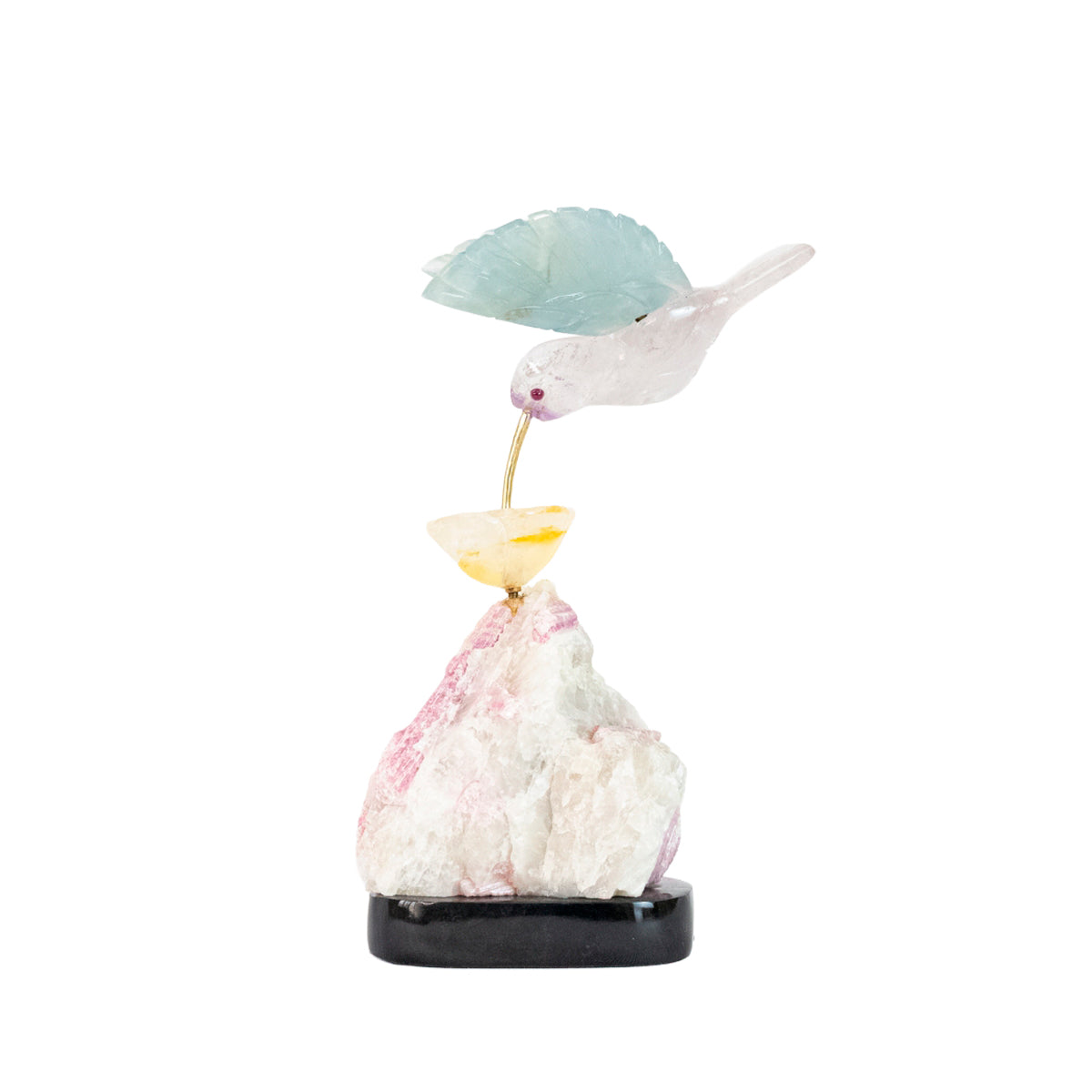 Escultura Beija-flor em Fluorita e Ametista Flor Lisiantos em Quartzo Golden Healer Base Turmalina Rosa