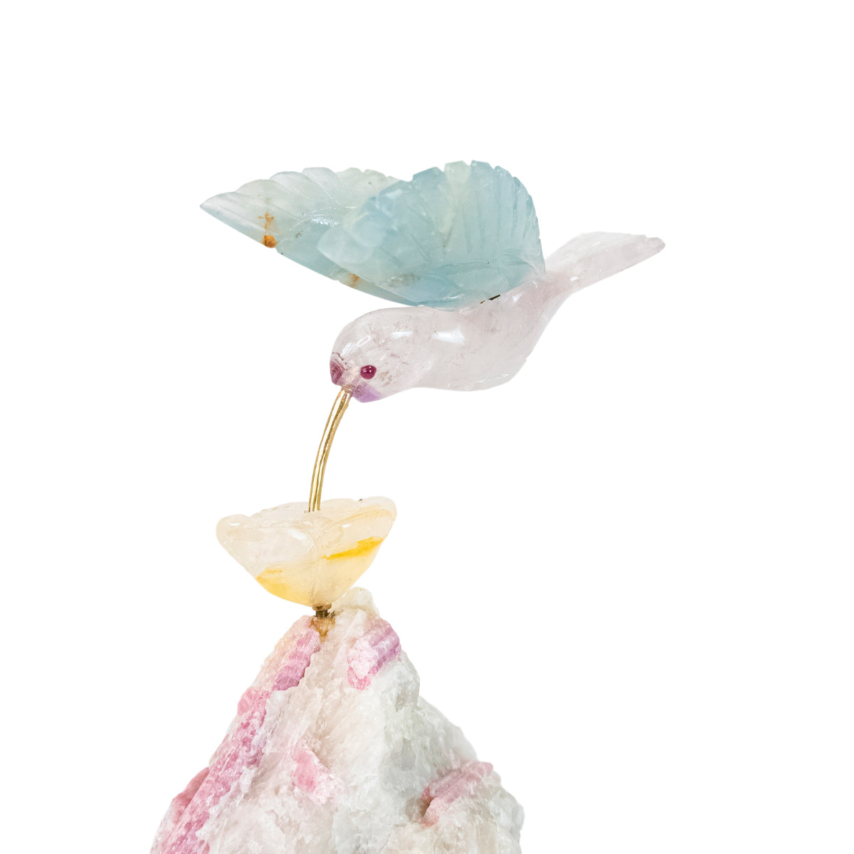 Escultura Beija-flor em Fluorita e Ametista Flor Lisiantos em Quartzo Golden Healer Base Turmalina Rosa