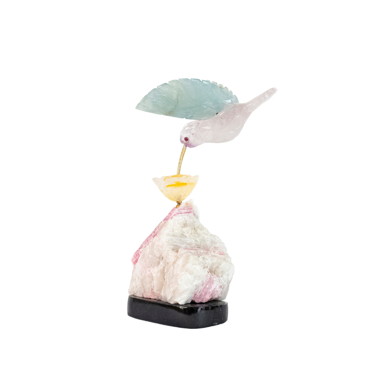 Escultura Beija-flor em Fluorita e Ametista Flor Lisiantos em Quartzo Golden Healer Base Turmalina Rosa