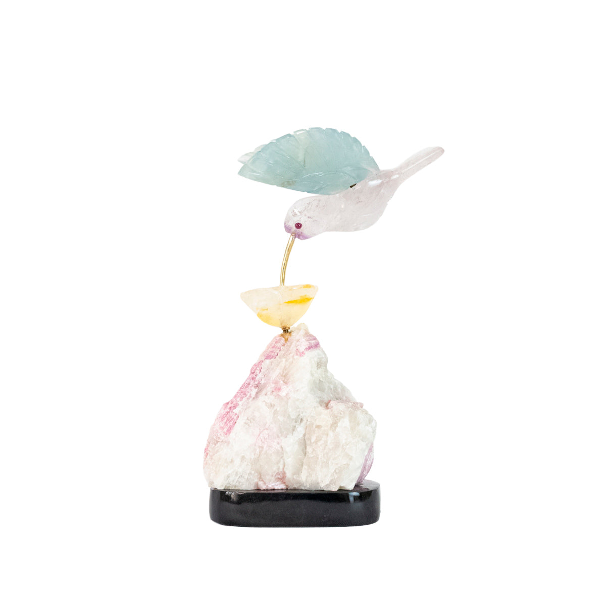 Escultura Beija-flor em Fluorita e Ametista Flor Lisiantos em Quartzo Golden Healer Base Turmalina Rosa