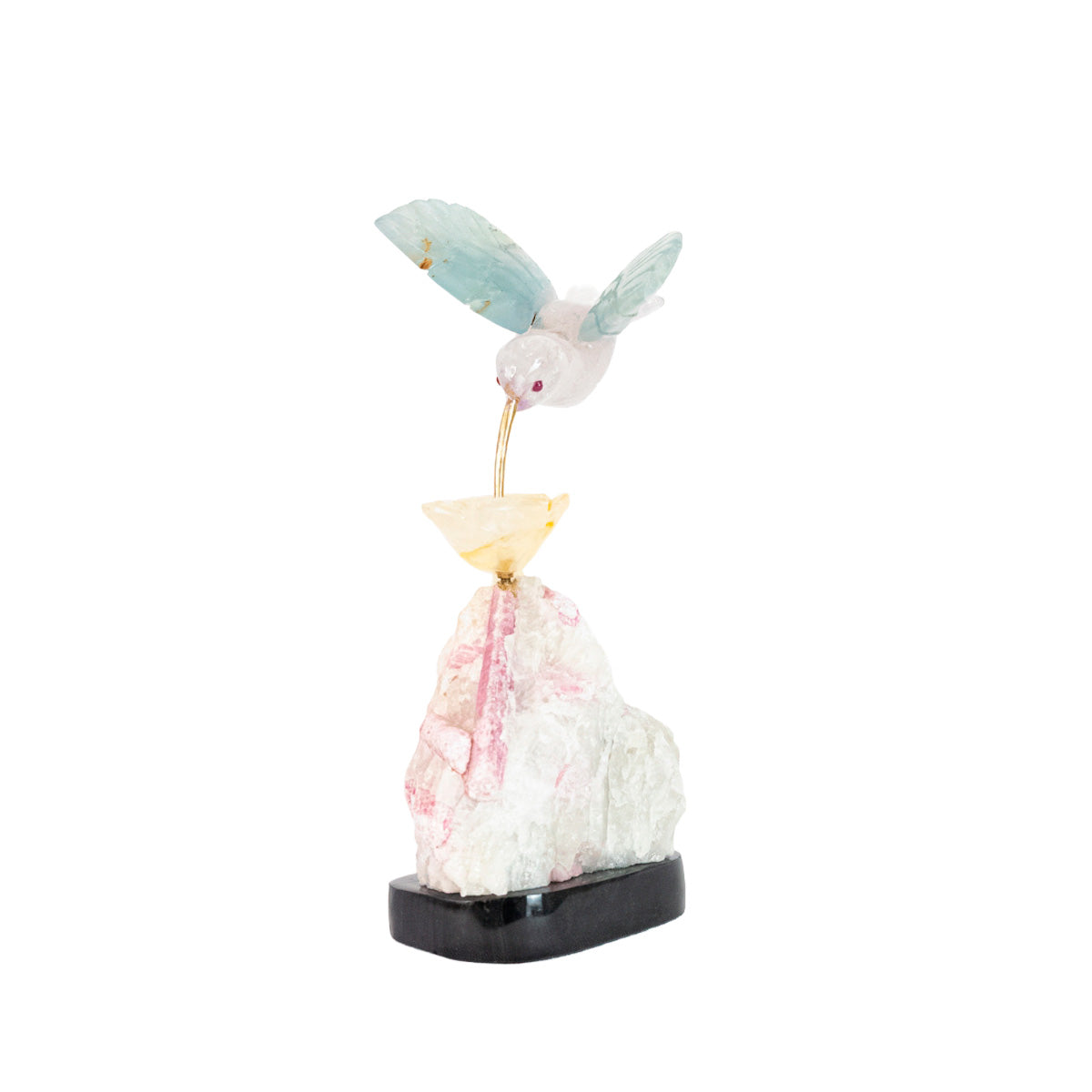 Escultura Beija-flor em Fluorita e Ametista Flor Lisiantos em Quartzo Golden Healer Base Turmalina Rosa
