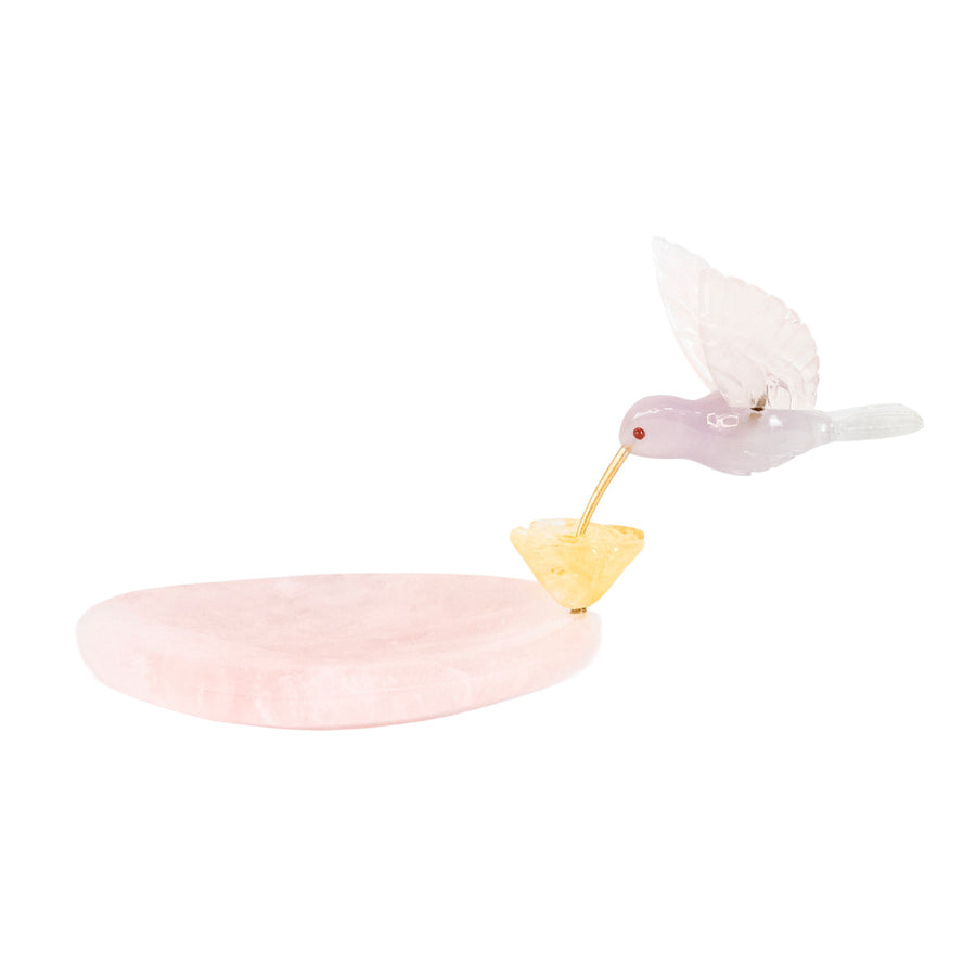 Escultura Beija-flor em Quartzo Rosa Opalado Flor Lisiantos em Quartzo Golden Healer Base Quartzo Rosa