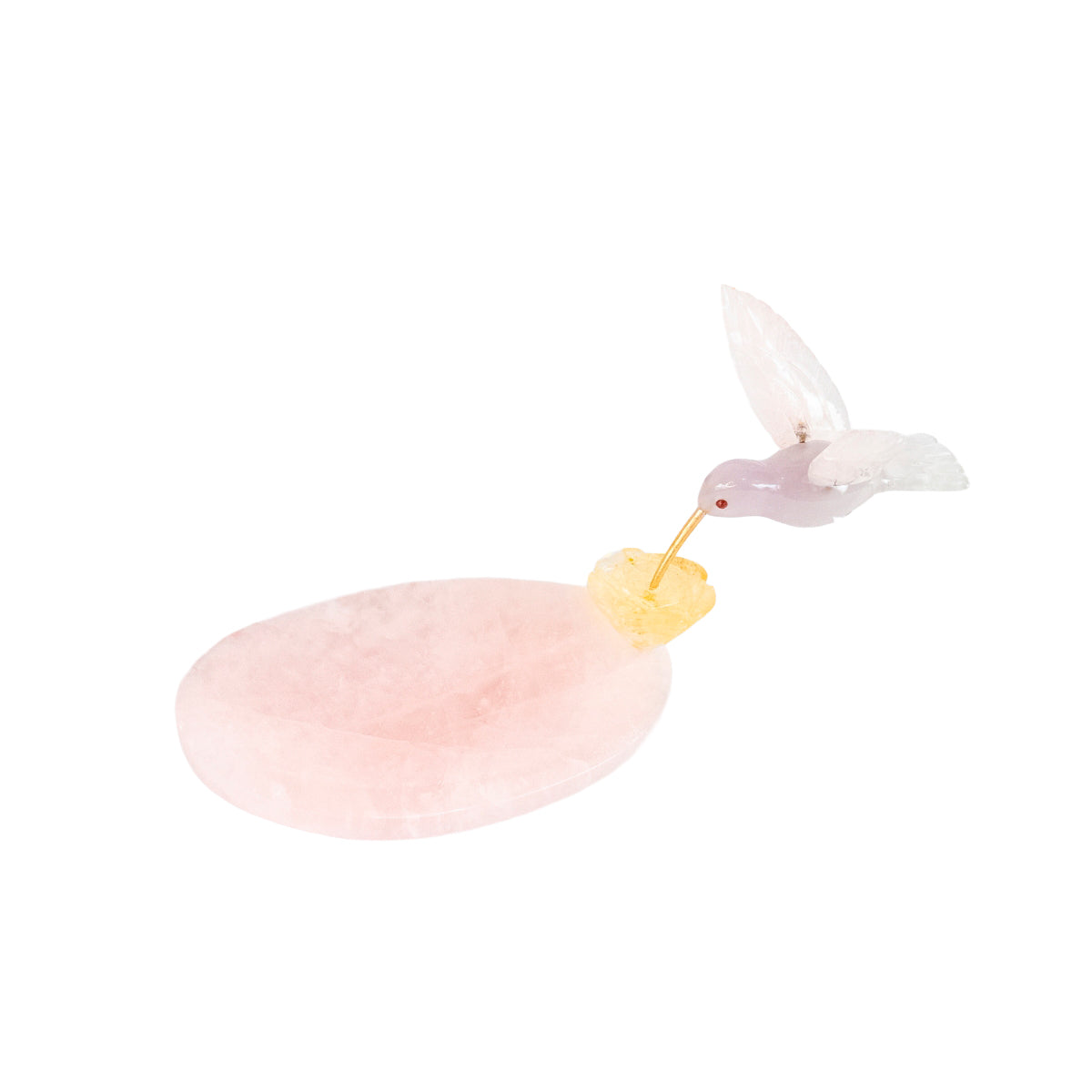 Escultura Beija-flor em Quartzo Rosa Opalado Flor Lisiantos em Quartzo Golden Healer Base Quartzo Rosa