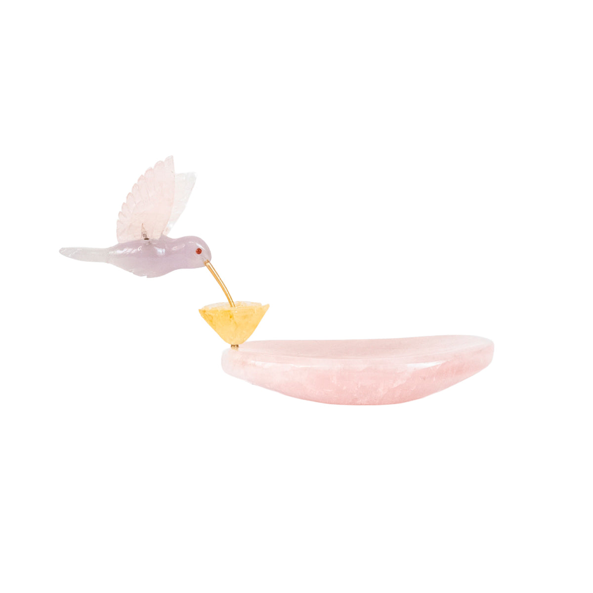 Escultura Beija-flor em Quartzo Rosa Opalado Flor Lisiantos em Quartzo Golden Healer Base Quartzo Rosa