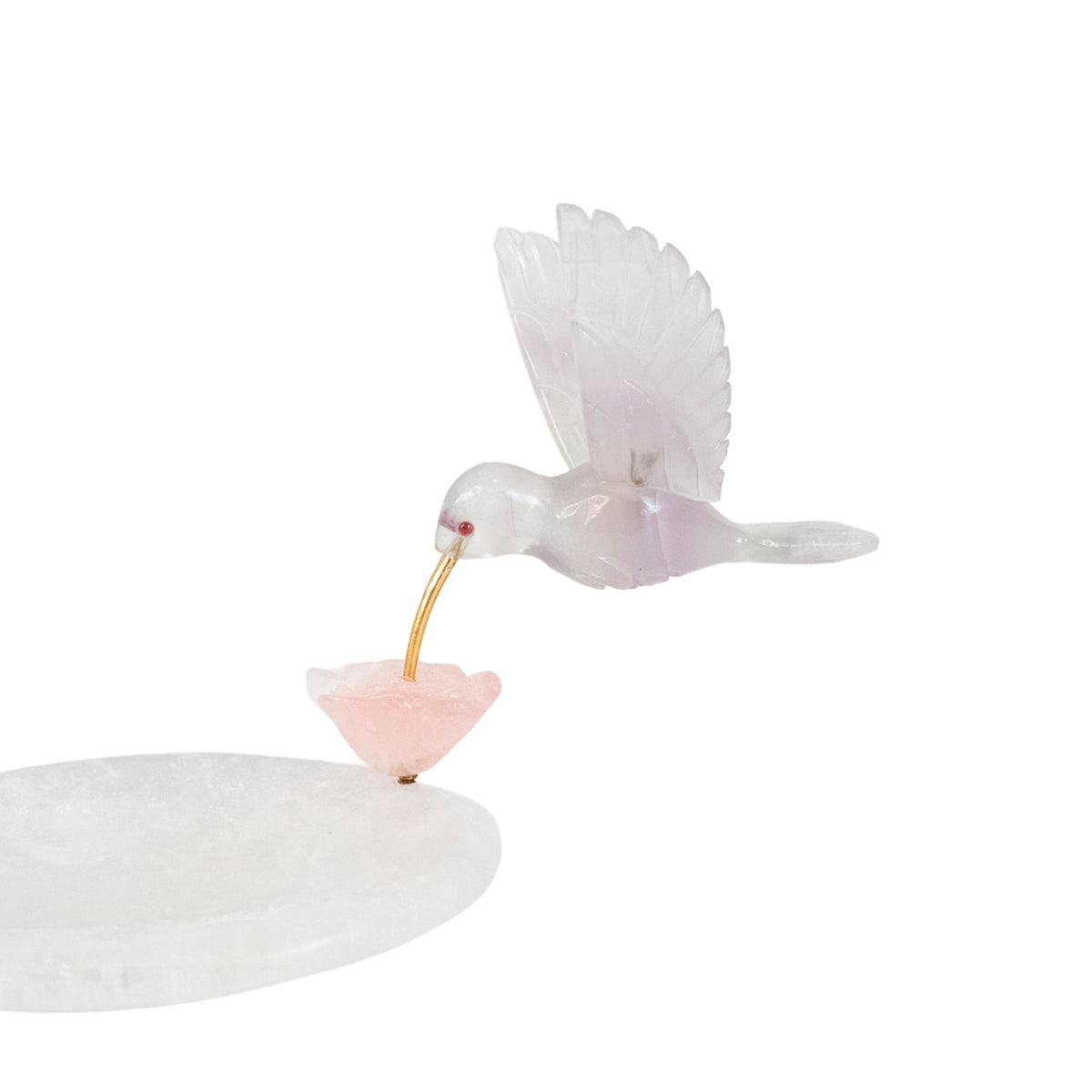 Escultura Beija-flor em Quartzo Rosa Opalado Flor Lisiantos em Quartzo Rosa Base Cristal de Quartzo