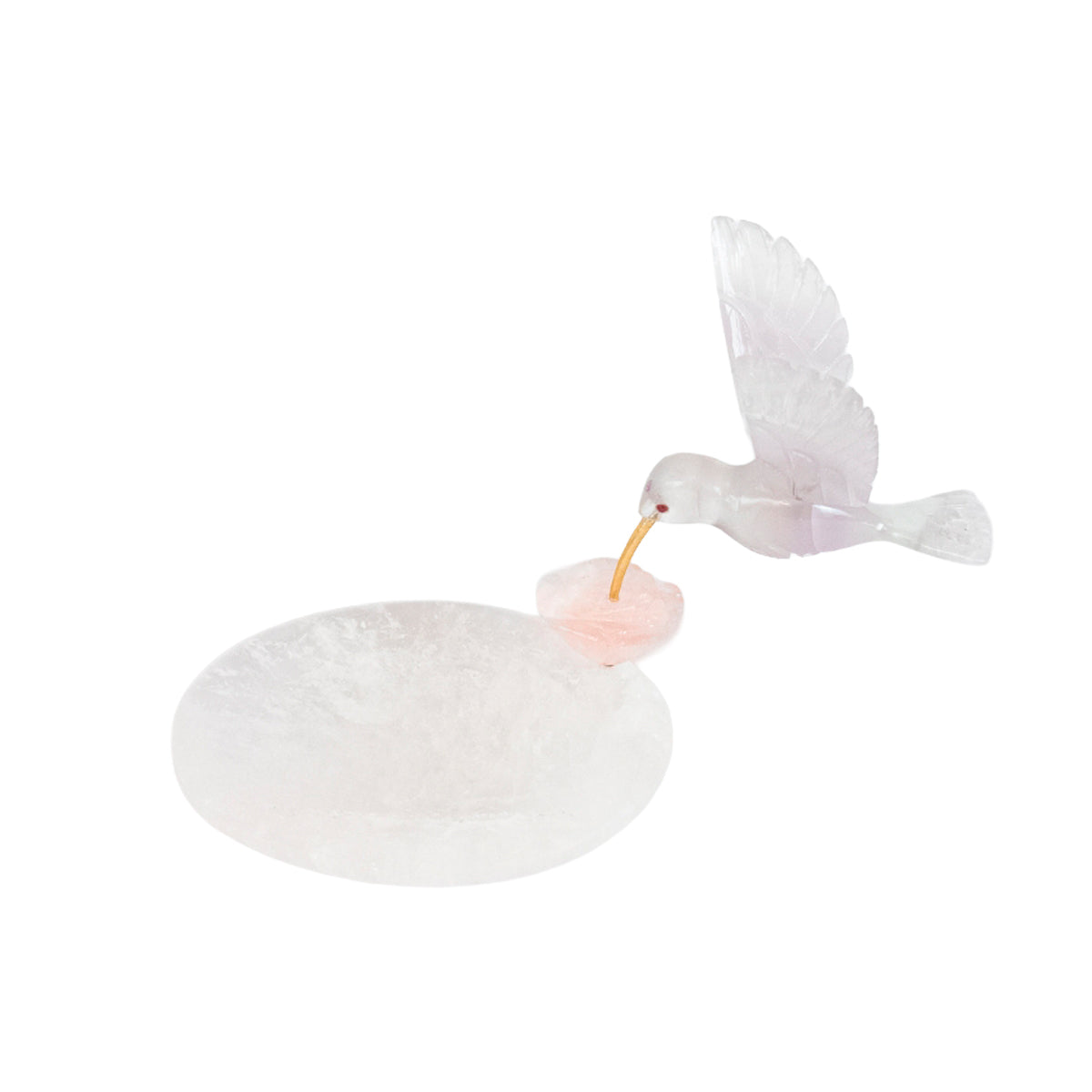 Escultura Beija-flor em Quartzo Rosa Opalado Flor Lisiantos em Quartzo Rosa Base Cristal de Quartzo