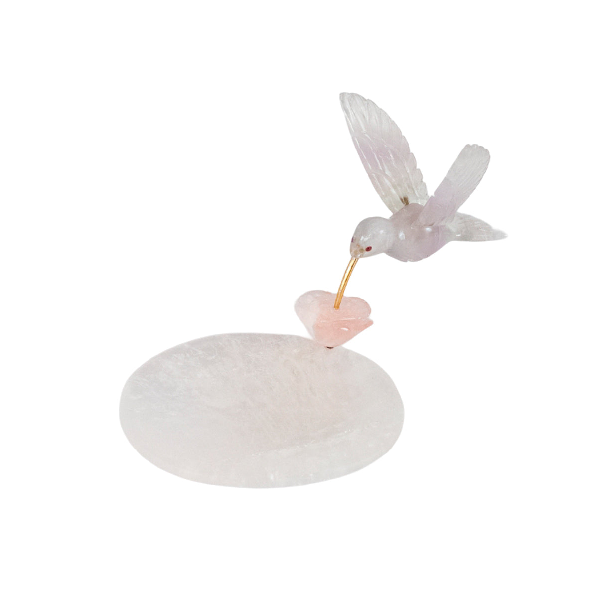 Escultura Beija-flor em Quartzo Rosa Opalado Flor Lisiantos em Quartzo Rosa Base Cristal de Quartzo