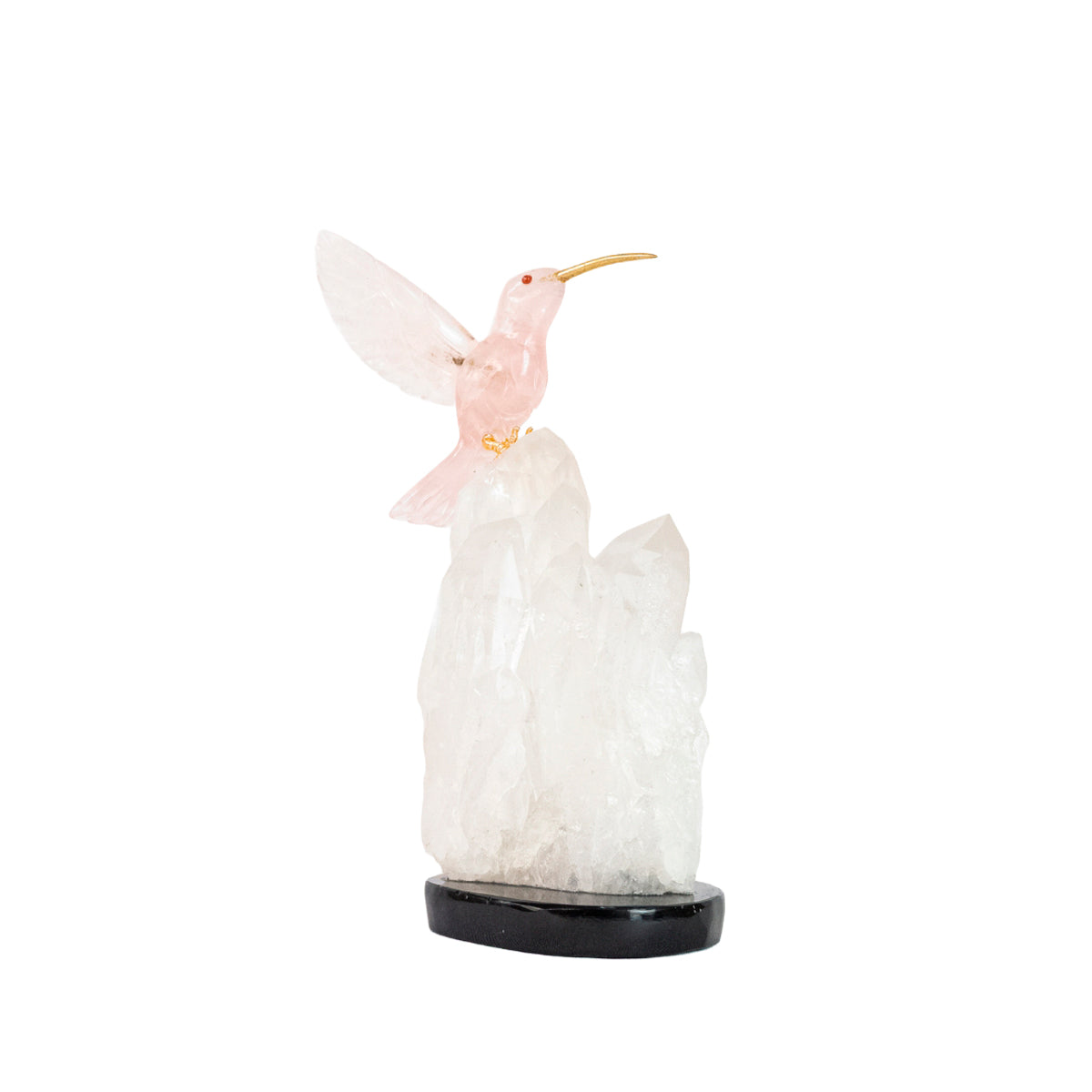 Escultura Beija-flor em Quartzo Rosa  na Drusa Cristal de Quartzo