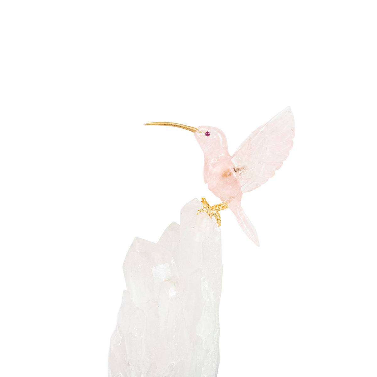Escultura Beija-flor em Quartzo Rosa  na Drusa Cristal de Quartzo