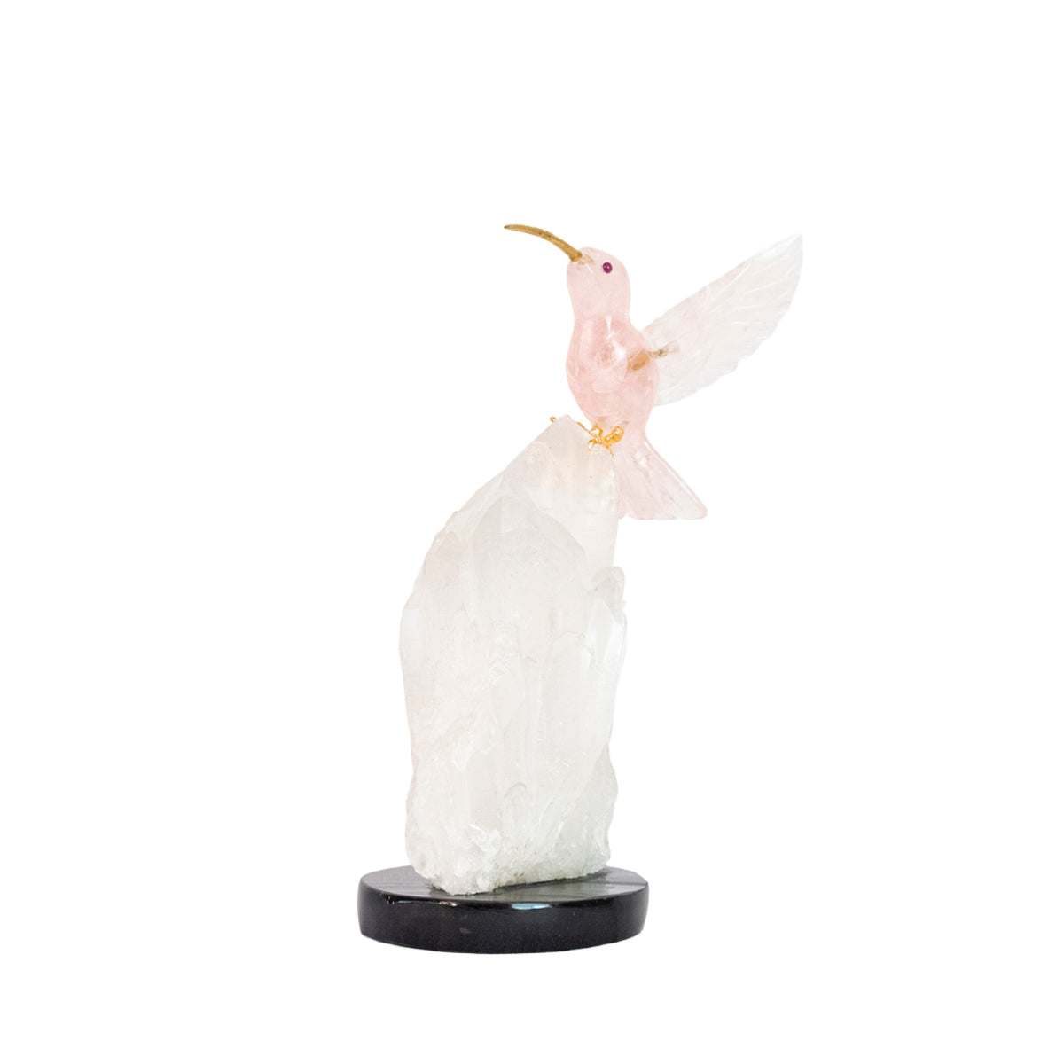 Escultura Beija-flor em Quartzo Rosa  na Drusa Cristal de Quartzo