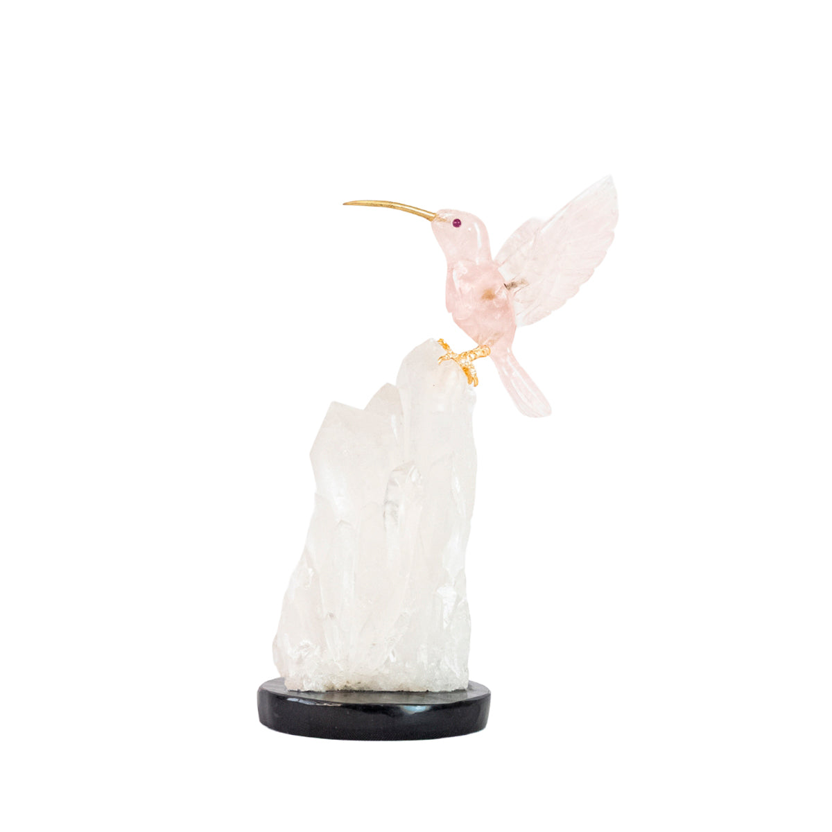 Escultura Beija-flor em Quartzo Rosa  na Drusa Cristal de Quartzo