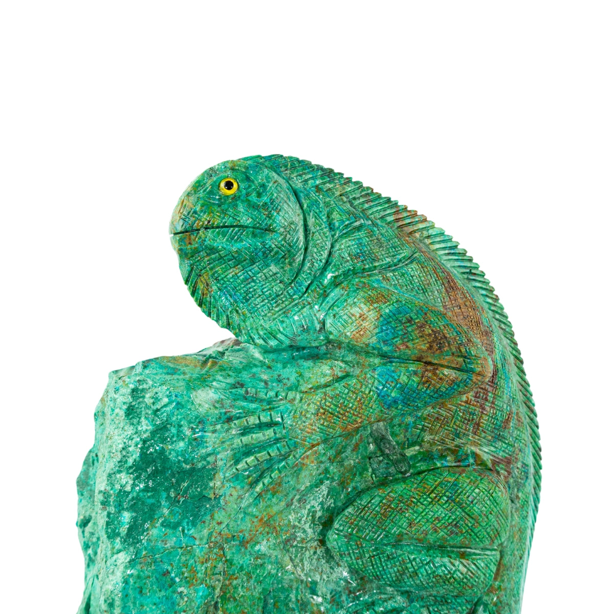 Escultura Iguana sobre a rocha pedra Crisocola Natural