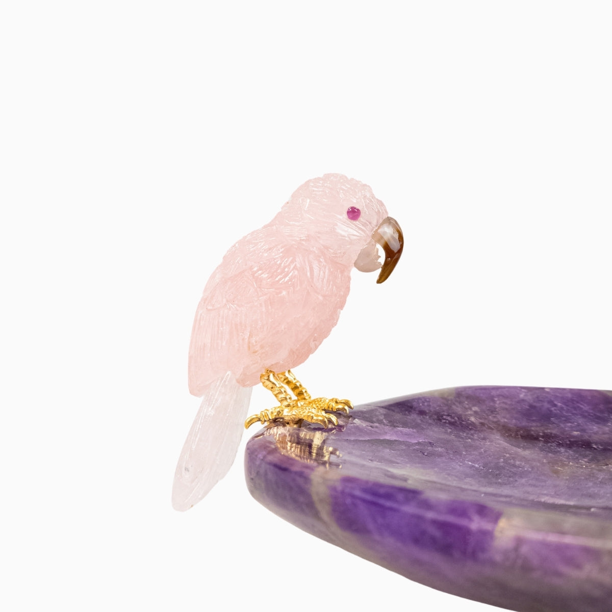 Escultura Papagaio em Quartzo Rosa pousando no Bowl em Ametista Chevron