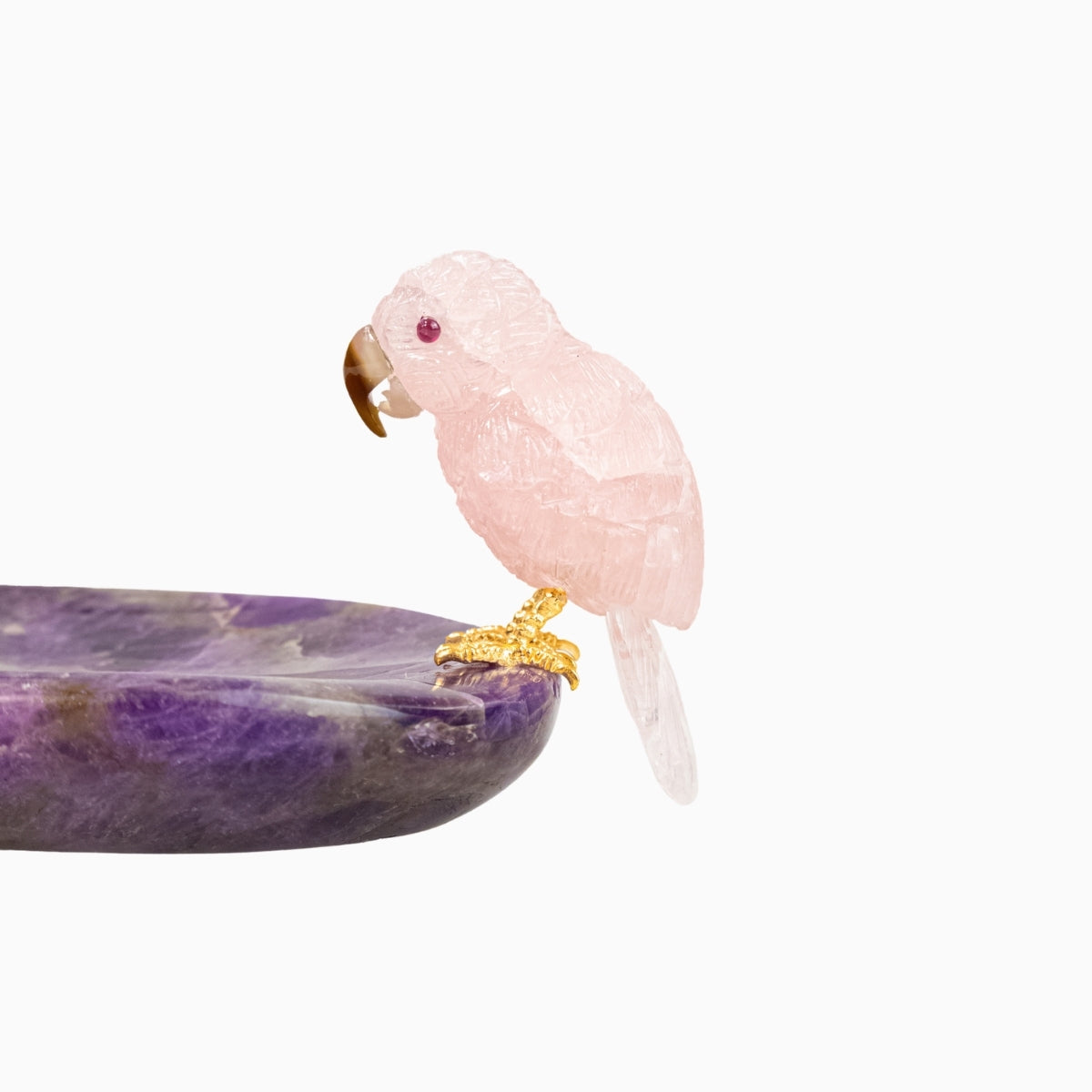 Escultura Papagaio em Quartzo Rosa pousando no Bowl em Ametista Chevron