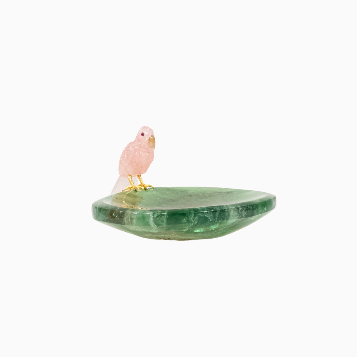 Escultura Papagaio em Quartzo Rosa pousando no Bowl em Fluorita Verde