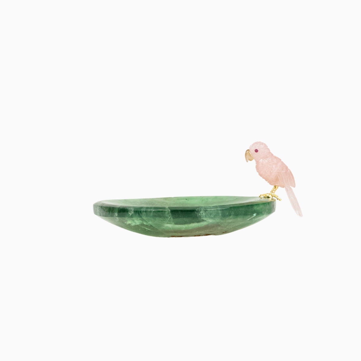 Escultura Papagaio em Quartzo Rosa pousando no Bowl em Fluorita Verde