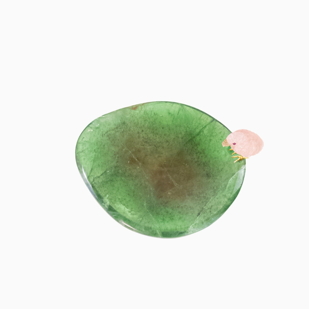 Escultura Papagaio em Quartzo Rosa pousando no Bowl em Fluorita Verde