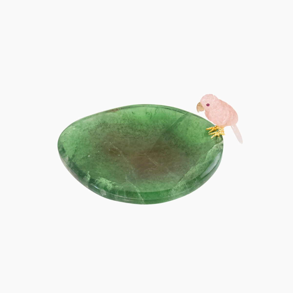 Escultura Papagaio em Quartzo Rosa pousando no Bowl em Fluorita Verde