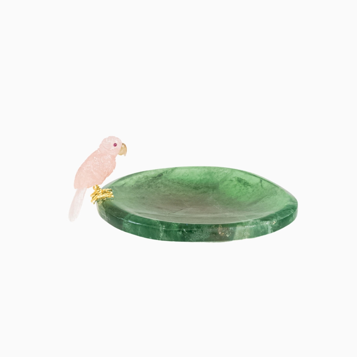 Escultura Papagaio em Quartzo Rosa pousando no Bowl em Fluorita Verde