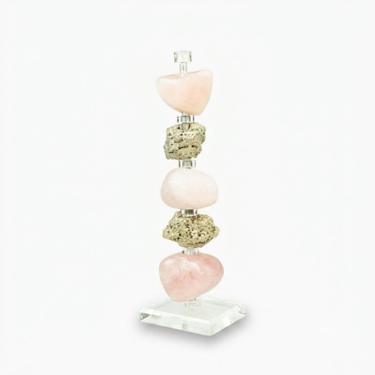 Escultura Prosperar - Pedra Pirita & Pedra Quartzo Rosa na Base Acrílica