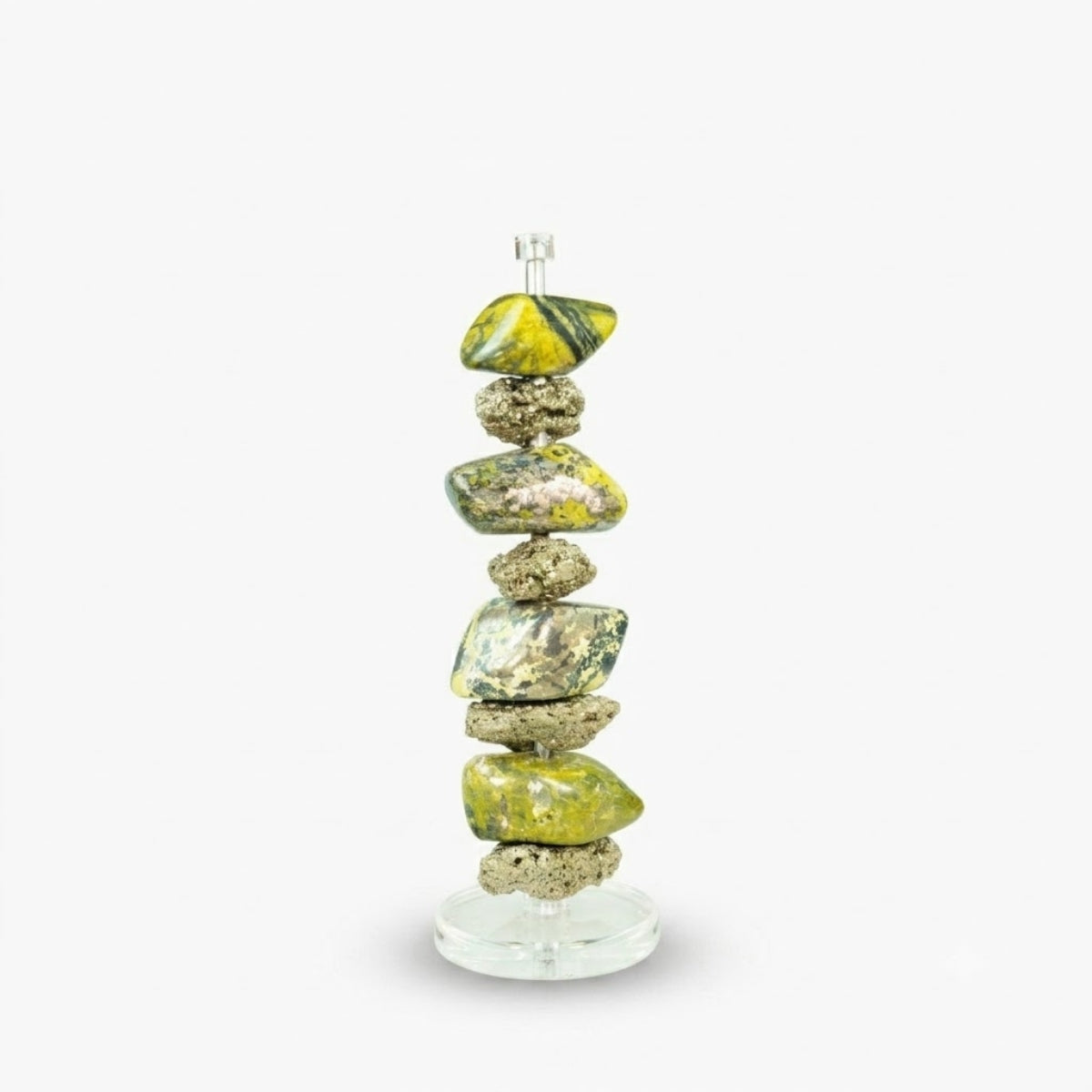 Escultura Prosperar - Pedra Pirita & Pedra Serpentinita na Base Acrílica