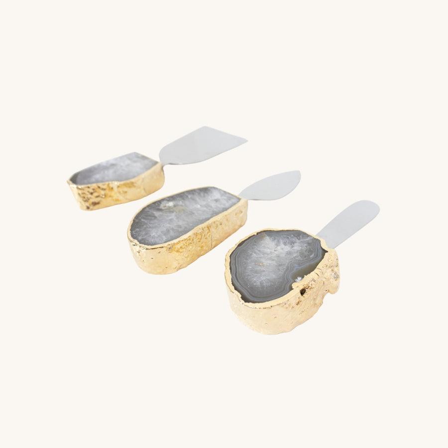 Jogo de Facas para Queijo Àgata Cristalizada Natural Banho Ouro