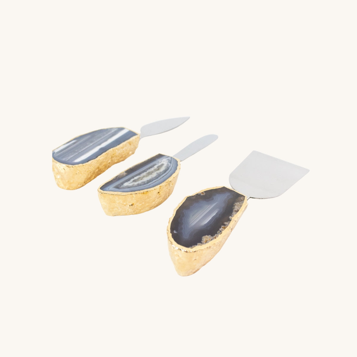 Jogo de Facas para Queijo Àgata Tons Cinza Natural Banho Ouro