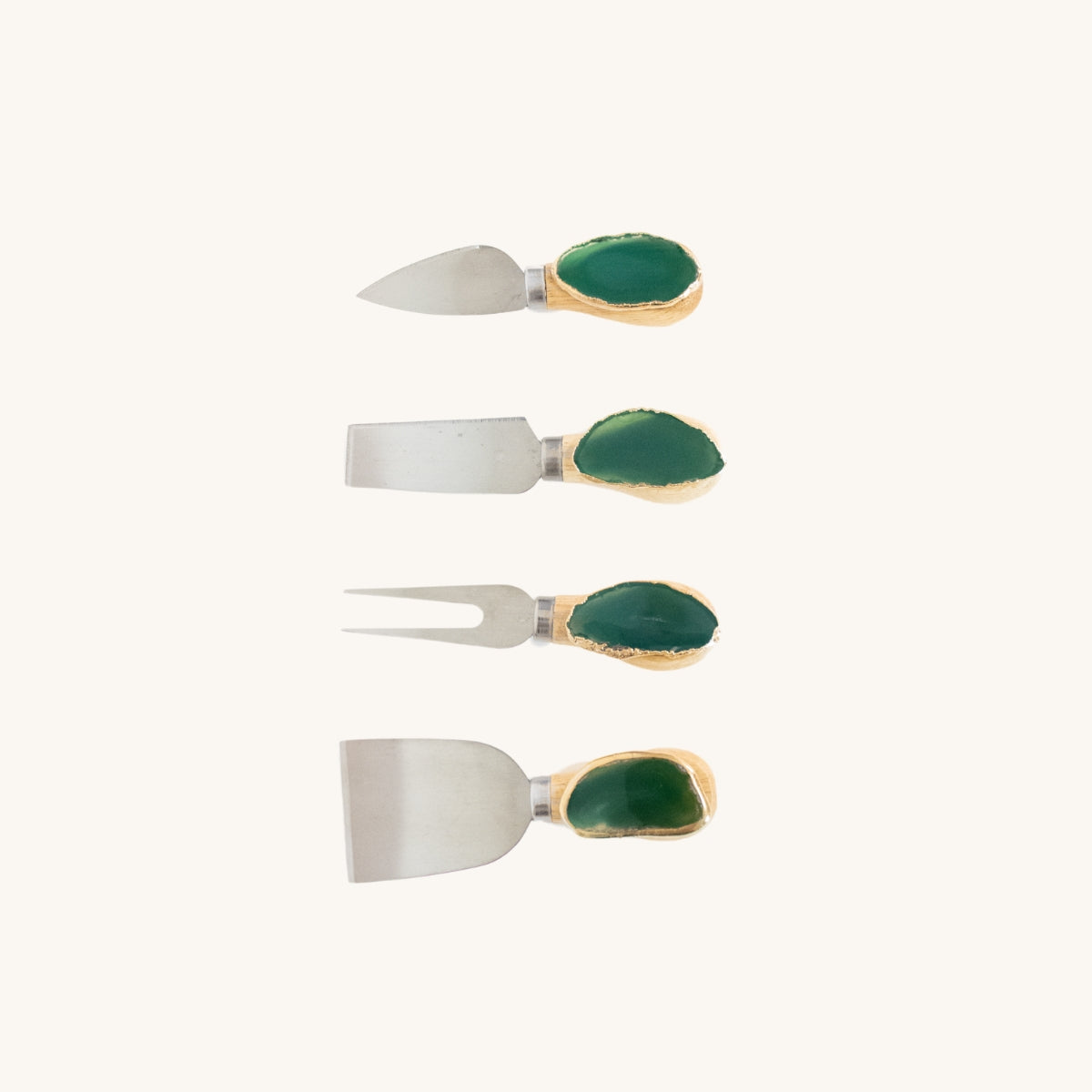Jogo de Facas para Queijo Àgata Verde Natural Banho Ouro Bambu