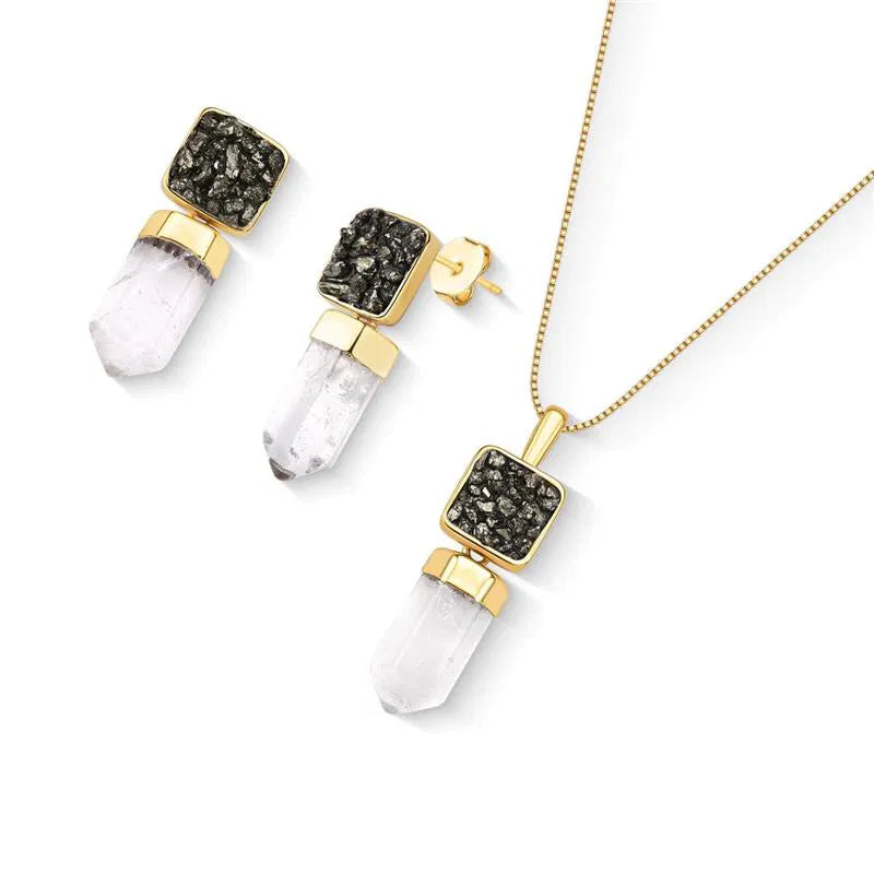 Kit Brinco e Colar Pirita com Ponta de Cristal Banho Ouro