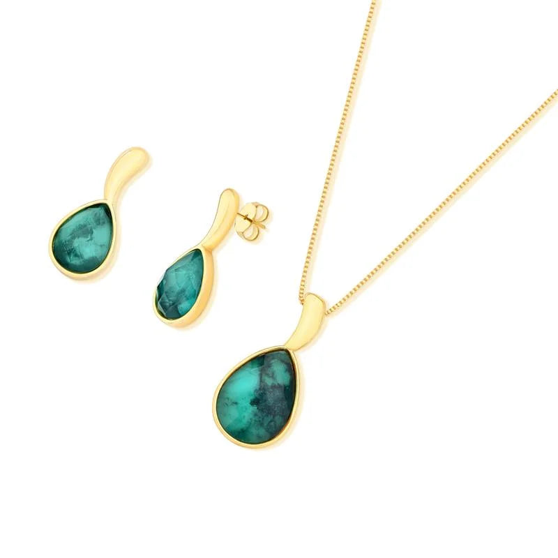 Kit Brinco e Colar em Pedra Esmeralda Facetada Banho Ouro 24k