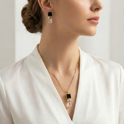 Kit Brinco e Colar Turmalina Negra com Ponta de Cristal Banho Ouro