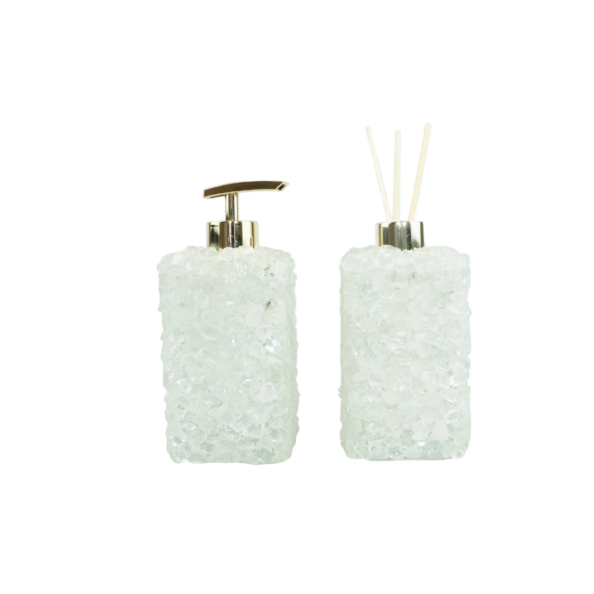 Kit Difusor e Saboneteira em Quartzo Cristal Cor Dourada