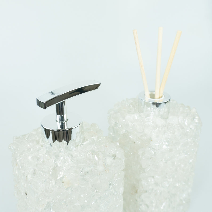 Kit Difusor e Saboneteira em Quartzo Cristal Cor Prata