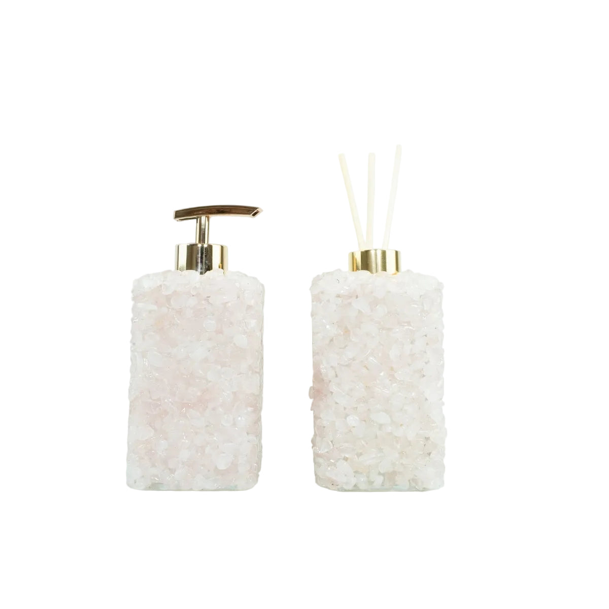 Kit Difusor e Saboneteira em Quartzo Rosa Cor Dourada