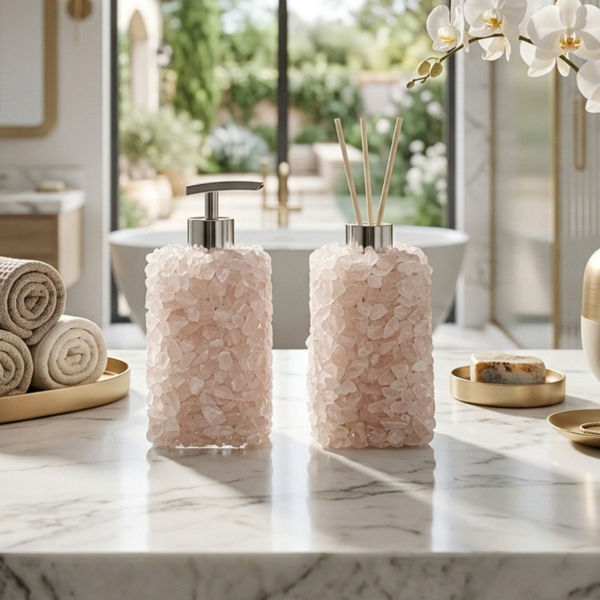 Kit Difusor e Saboneteira em Quartzo Rosa Cor Prata