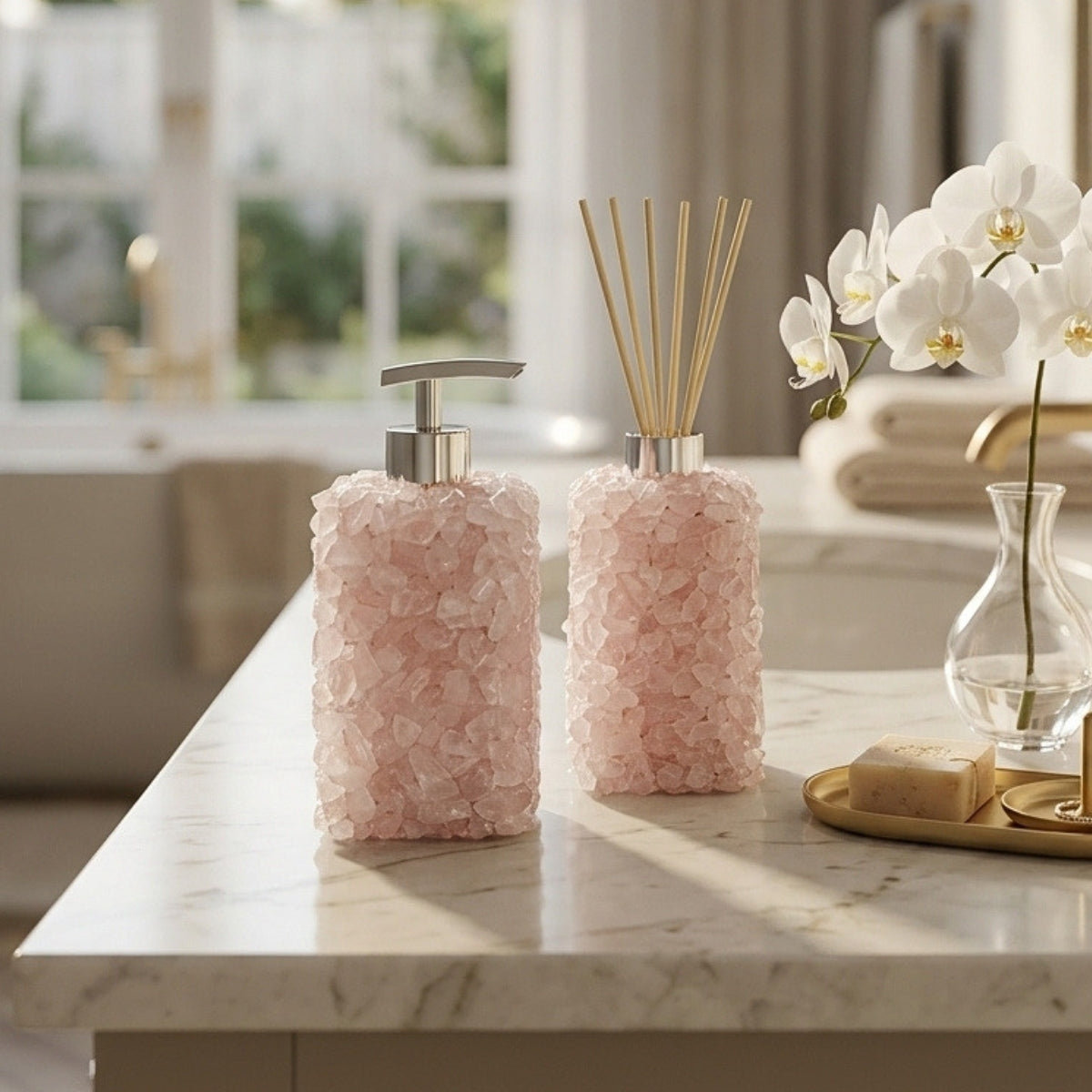 Kit Difusor e Saboneteira em Quartzo Rosa Cor Prata