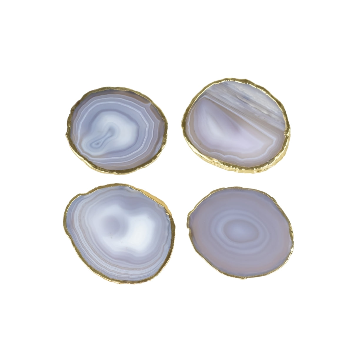Kit Porta Copos em Ágata Natural Cristalizada tons azul borda banho Ouro 24k