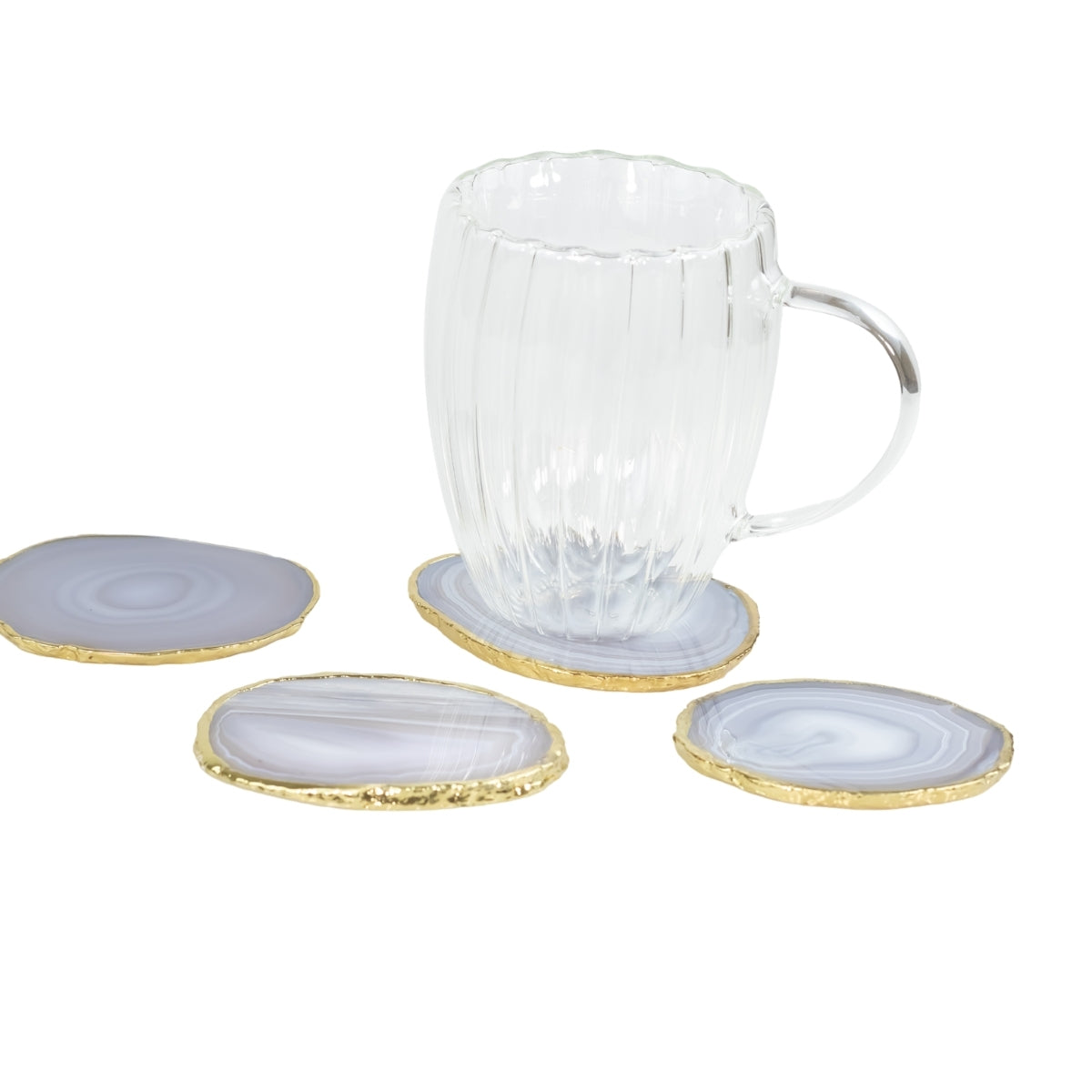 Kit Porta Copos em Ágata Natural Cristalizada tons azul borda banho Ouro 24k