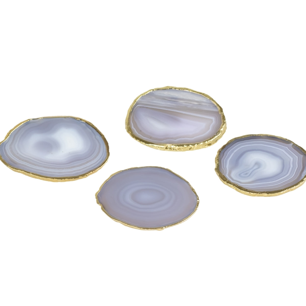 Kit Porta Copos em Ágata Natural Cristalizada tons azul borda banho Ouro 24k