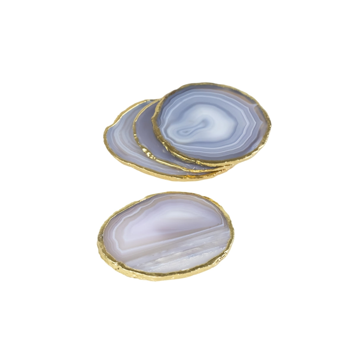 Kit Porta Copos em Ágata Natural Cristalizada tons azul borda banho Ouro 24k