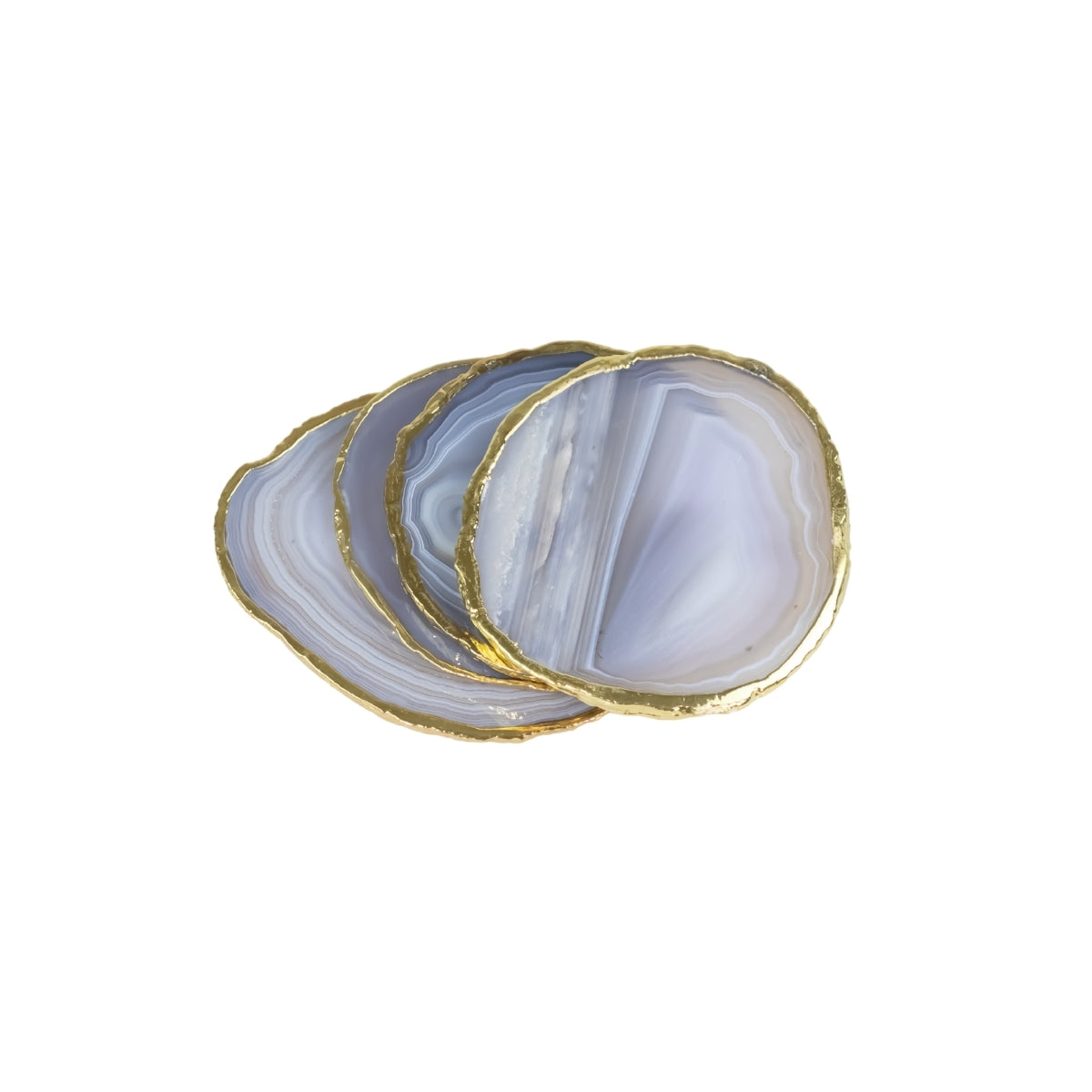 Kit Porta Copos em Ágata Natural Cristalizada tons azul borda banho Ouro 24k