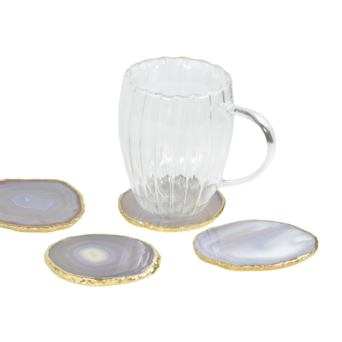 Kit Porta Copos em Ágata Natural Cristalizada tons azul borda banho Ouro 24k