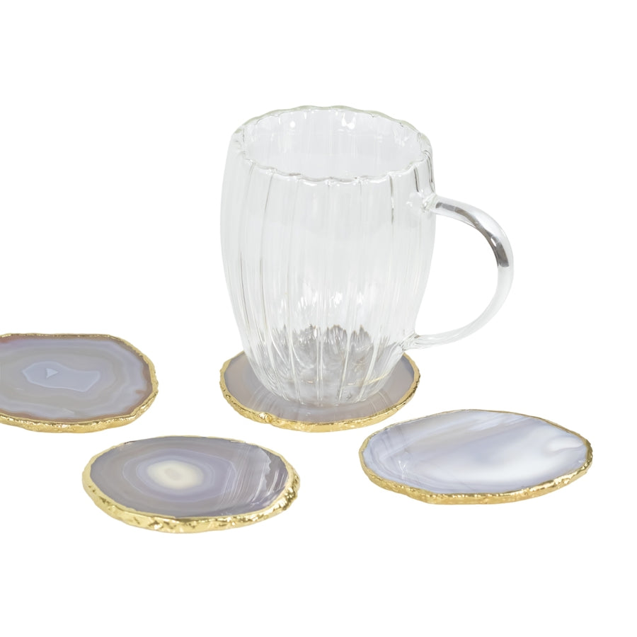 Kit Porta Copos em Ágata Natural Cristalizada tons azul borda banho Ouro 24k