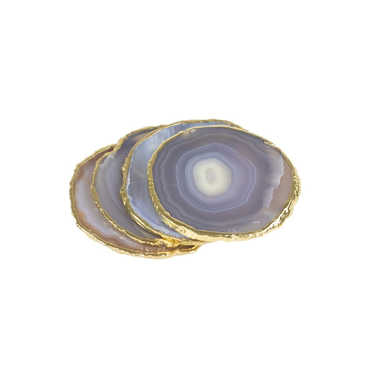 Kit Porta Copos em Ágata Natural Cristalizada tons azul borda banho Ouro 24k