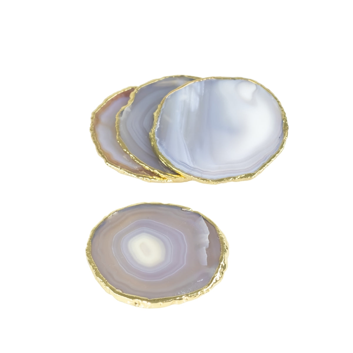 Kit Porta Copos em Ágata Natural Cristalizada tons azul borda banho Ouro 24k