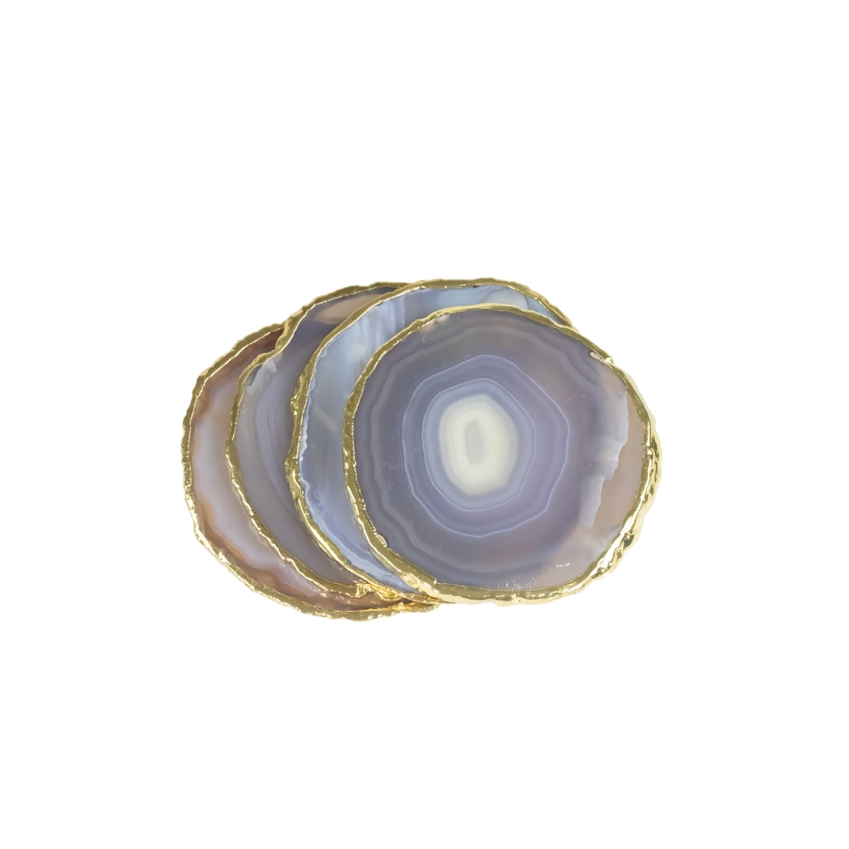 Kit Porta Copos em Ágata Natural Cristalizada tons azul borda banho Ouro 24k