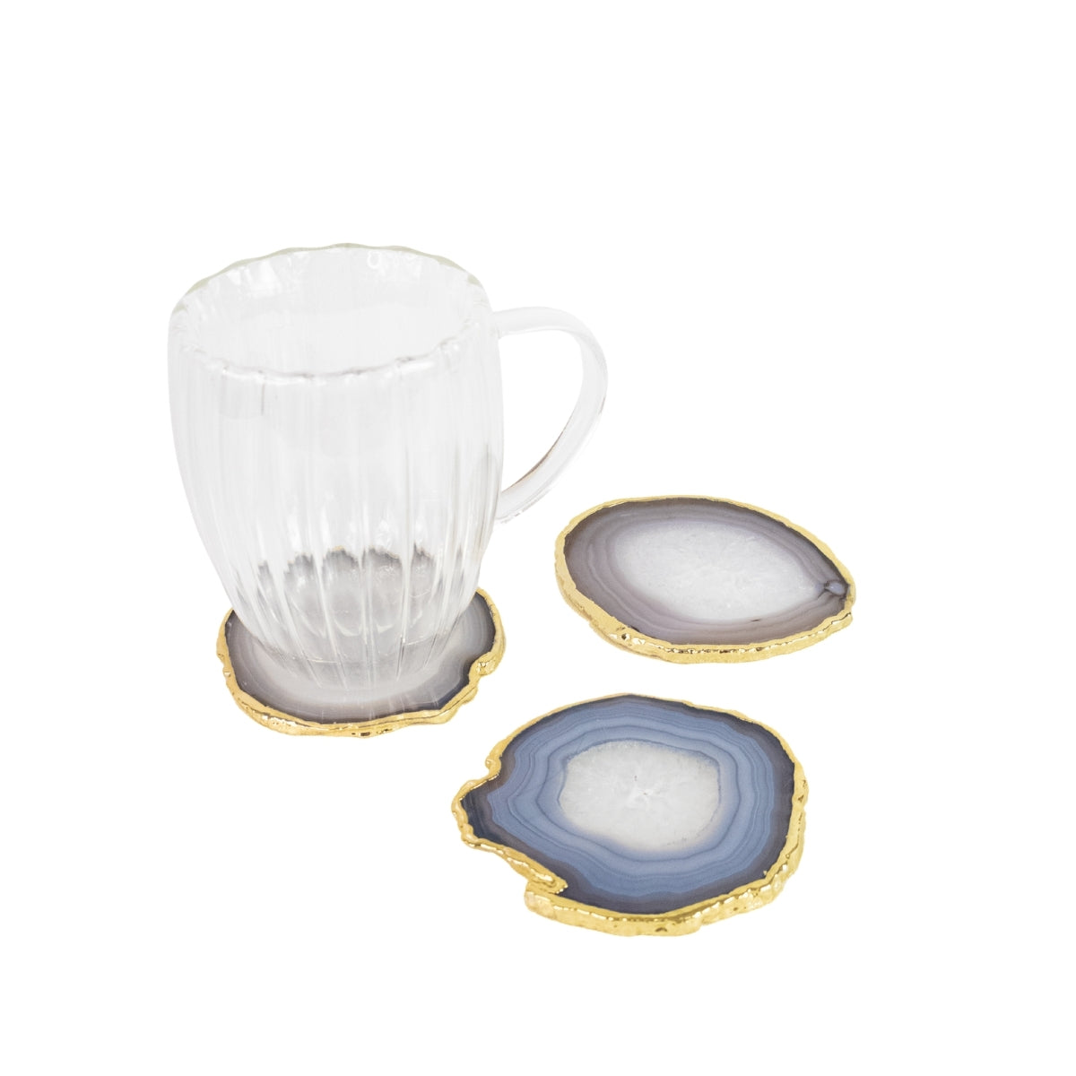 Kit Porta Copos em Ágata Natural Cristalizada tons azul borda banho Ouro 24k
