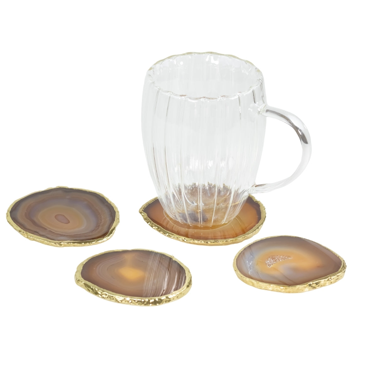 Kit Porta Copos em Ágata Natural Cristalizada tons caramelo borda banho Ouro 24k