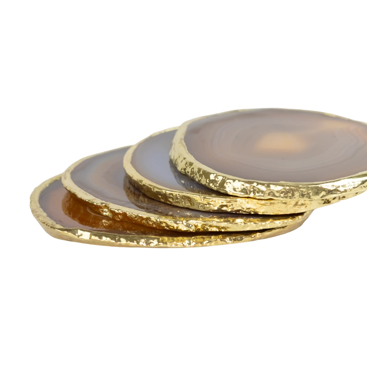 Kit Porta Copos em Ágata Natural Cristalizada tons caramelo borda banho Ouro 24k